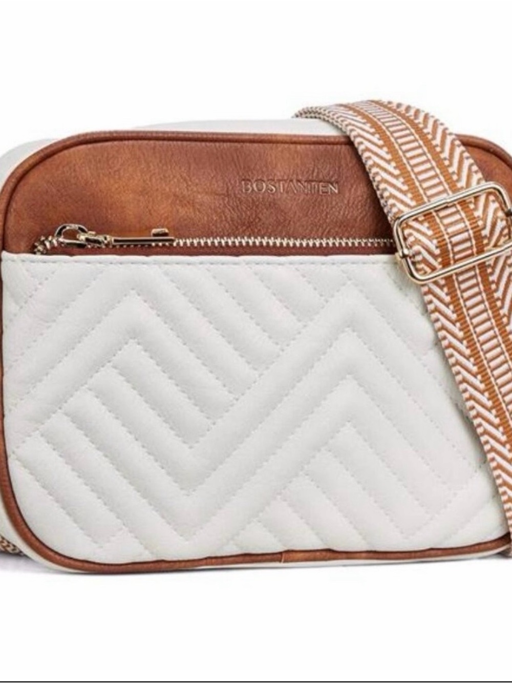 Bostonian White and Brown Quilted Crossbody with Patterned Strap